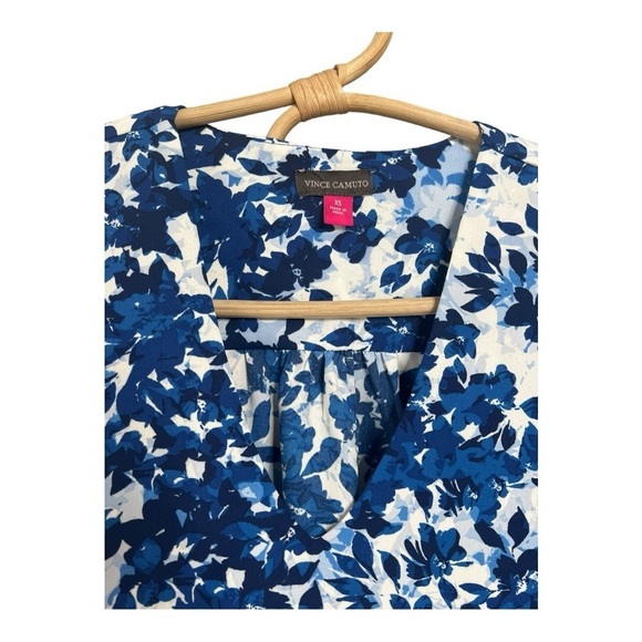 Vince Camuto Flutter Sleeve V-Neck Layered Navy White Leaves Womens Oversized XS - Picture 10 of 16